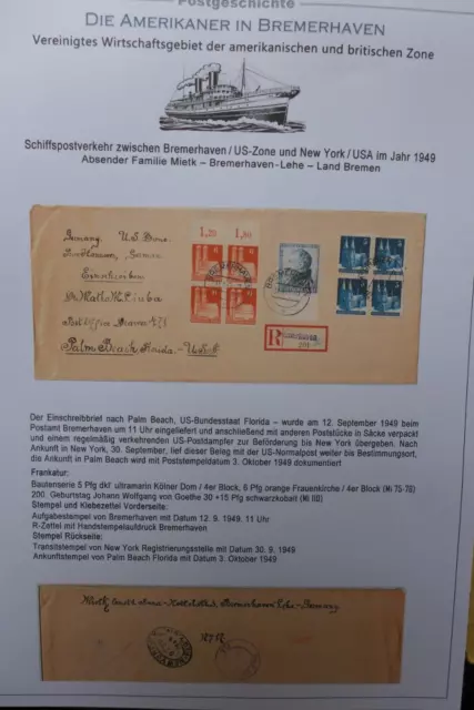 1949 Einschreiben per Dampfer ab Bremerhaven - Palm Beach/USA, diverse Stpl. Rs