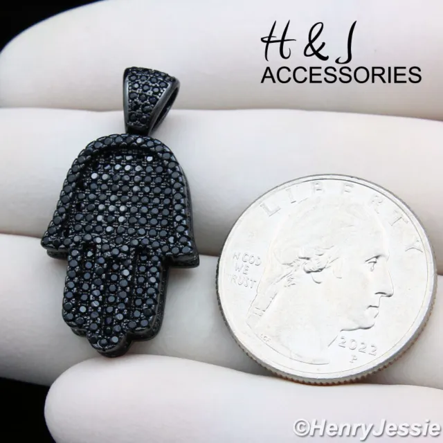 Men Women 925 Sterling Silver Icy Cz Black Plated 3D Hamsa Hand Pendant*Abp94