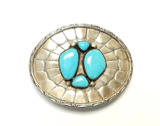 Navajo Turquoise Buckle Spider Web Silver Design Signed ABJ 3.75"