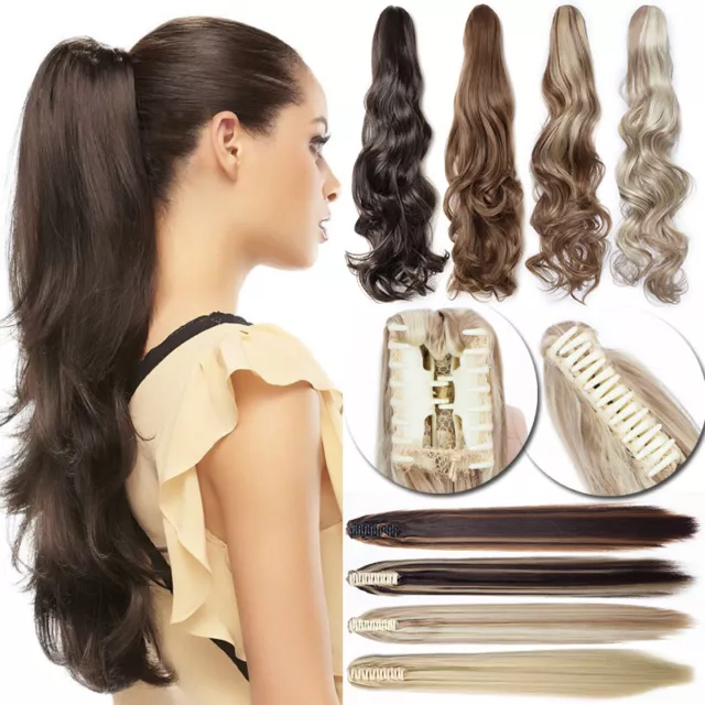 Real Thick Clip In Ponytail Fake Hair Extensions Claw On Pony Tail Straight Wavy