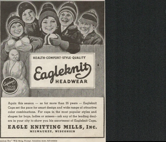 1937 EAGLEKNIT Headwear Winter Caps Hats Toboggan CASEY JONES art Vintage Ad a1