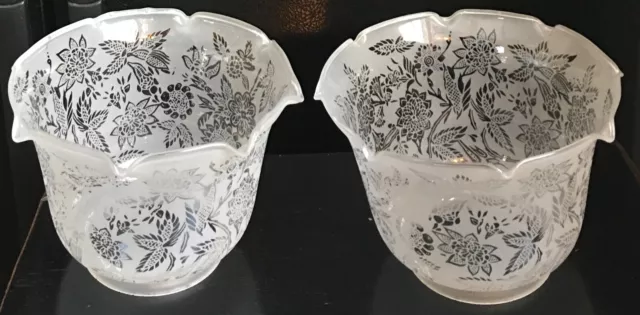 PAIR of 4" Fitter Frosted FLORAL ETCHED FILIGREE GLASS GAS FLOOR LAMP SHADE