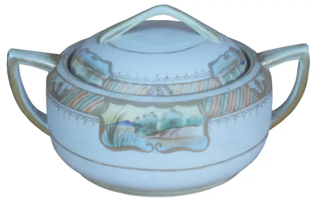 Antique Art Deco Hand Painted Porcelain Lidded Sugar Bowl Compote Landscape 9"