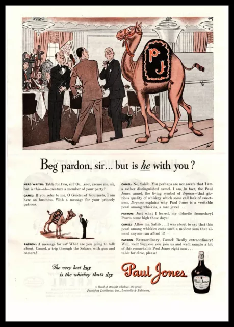 1942 Paul Jones Dry Whiskey Camel Walking Into Fancy Restaurant Waiter Print Ad