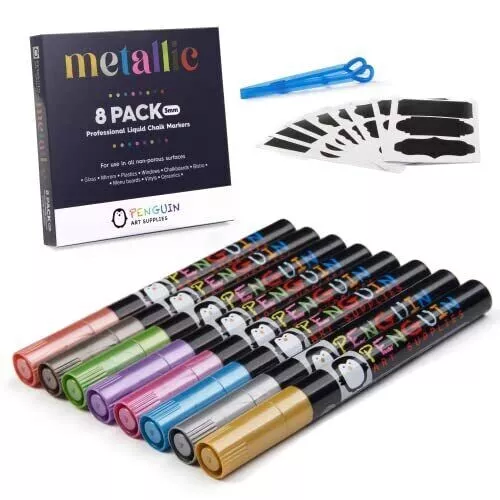 Liquid Chalk Markers Set of 8 Metallic Colors - 3mm Fine Tip Chalkboard Markers