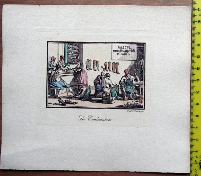 Schusterwerkstatt, kolorierte Radierung um 1814 von Jean Duplessis-Bertaux