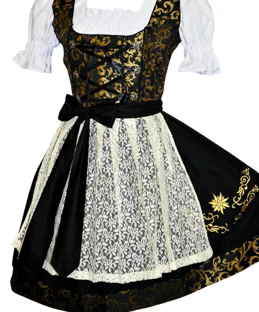 Sz 2 XS Dirndl German Waitress Dress Oktoberfest Black Short Sun EMBROIDERED 3pc