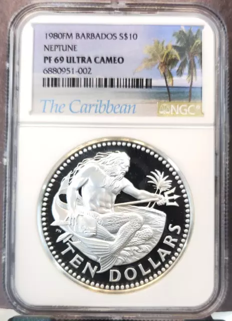 1980 Barbados Silver 10 Dollars Neptune Ngc Pf 69 Ultra Cameo Rare Top Pop