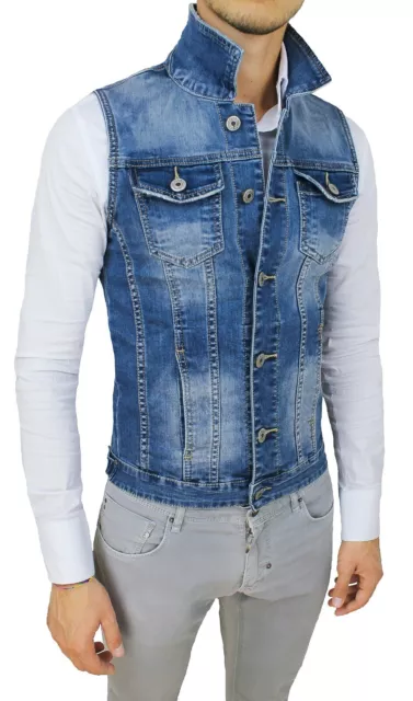 Smanicato di Jeans uomo slim fit blu denim giacca gilet in cotone da XL a 3XL