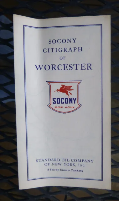 1935 Worchester Massachusetts road map Socony Vacuum  oil  gas Socony Citigraph