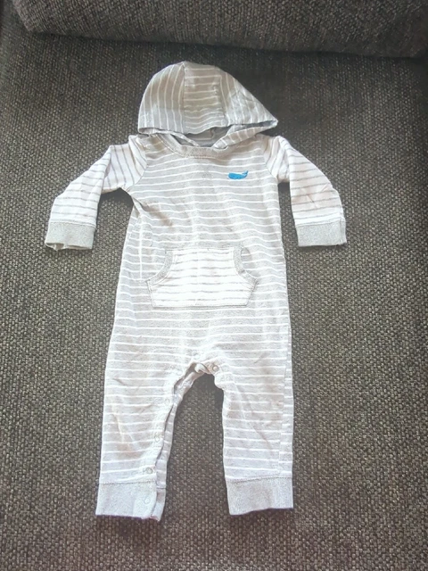 Carters baby boy long sleeve romper with hood 18 months gray and white stripe