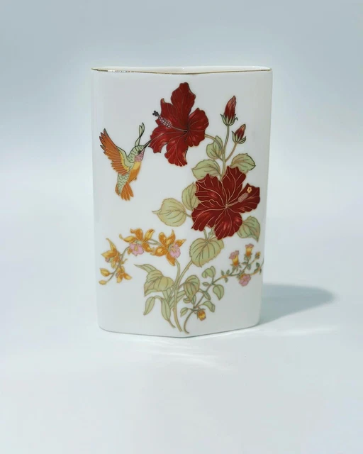 VINTAGE JAPANESE HUMMINGBIRD Red Hibiscus Vase with Gold Rim Made in