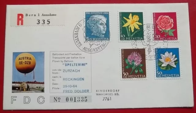Briefmarken  Schweiz  FDC als Ballonpost  von 1964    Komp. Satz