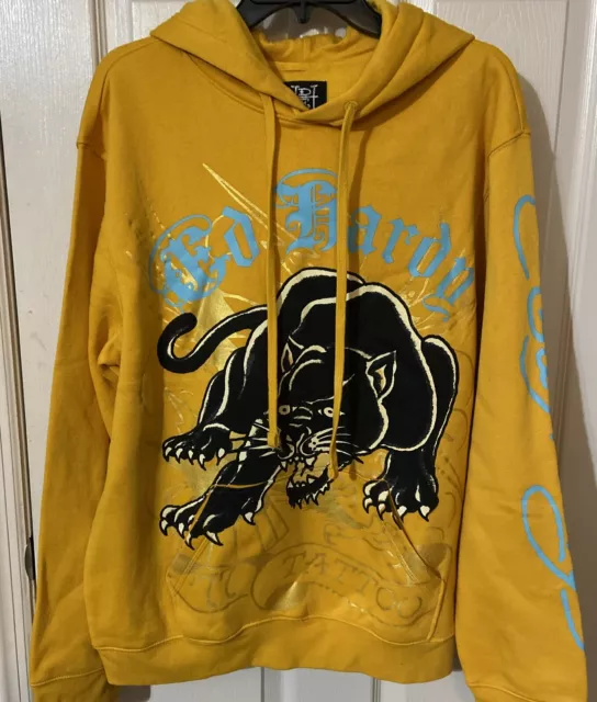 ED HARDY CROUCHING Black Panther Hoodie NWT Size L Marigold Yellow Y2K ...