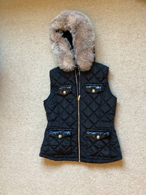 Girl's River Island Age 13/14 Black bodywarer/Gilet with fur hood - Gorgeous