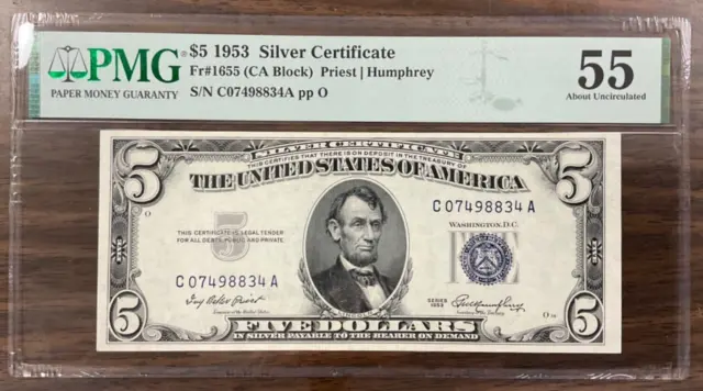 1953 $5 Silver Certificate Fr#1655 (CA Block) PMG 55 About Uncirculated