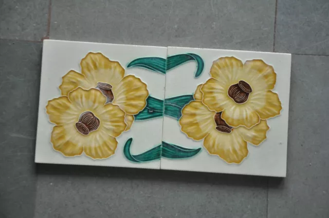 2 Pc Vintage Flowers Embossed M.S Trademark Colorful Ceramic Tiles, Japan