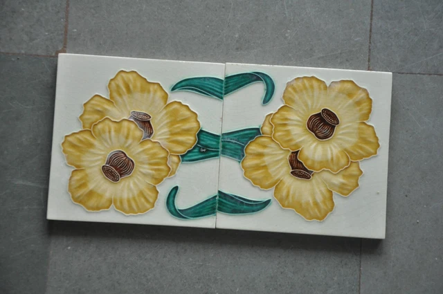 2 Pc Vintage Flowers Embossed M.S Trademark Colorful Ceramic Tiles, Japan
