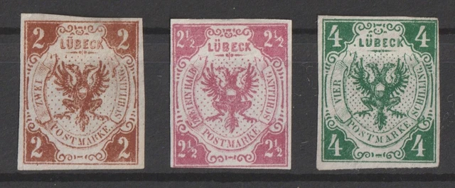 Lübeck 1859 Mi.Nr. 3(*), 4(*) + 5(*)ungebraucht ohne Gummi 130,00 Euro.