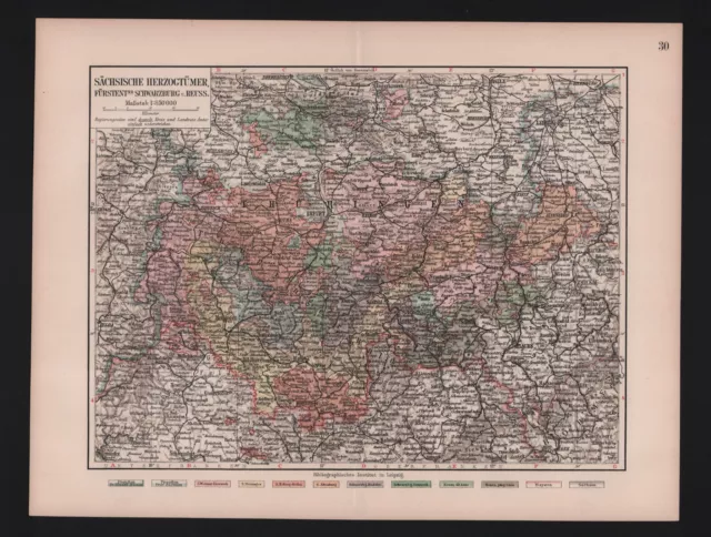 Landkarte map 1912: Sächsische Herzogtümer. Sachsen Fürstentum Schwarzburg Reuss