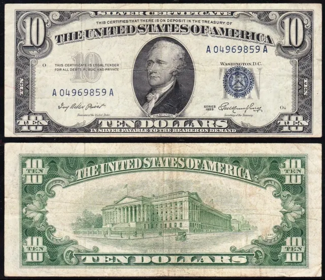 VERY NICE Bold & Crisp VF 1953 $10 Silver Certificate! FREE SHIPPING! 69859A