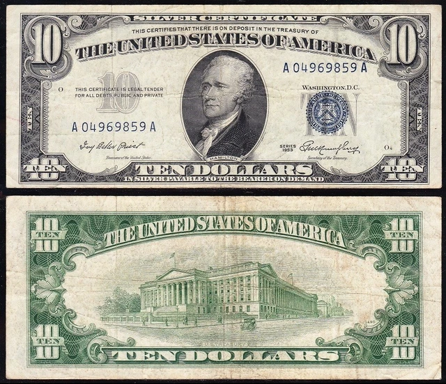 VERY NICE Bold & Crisp VF 1953 $10 Silver Certificate! FREE SHIPPING! 69859A