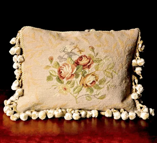 Wool Needlepoint Boudoir Pillow Cover French Country Rose Bouquet Cushion 12x16