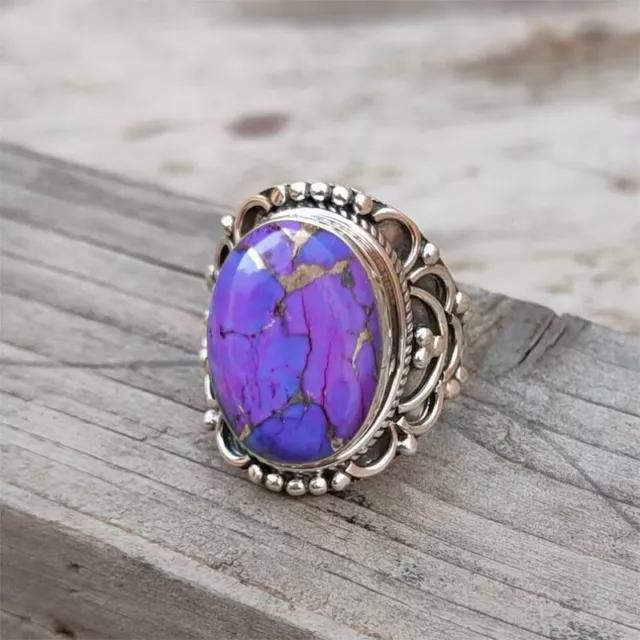 925 Sterling Silver Handmade Women Ring Purple Copper Turquoise Stone Jewelry