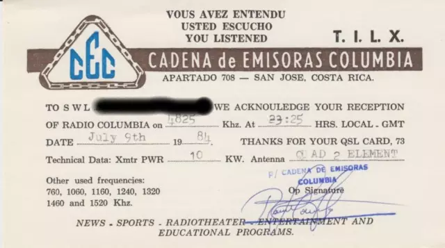 QSL KARTE Radio Columbia Costa Rica KW 4825 kHz von 1984