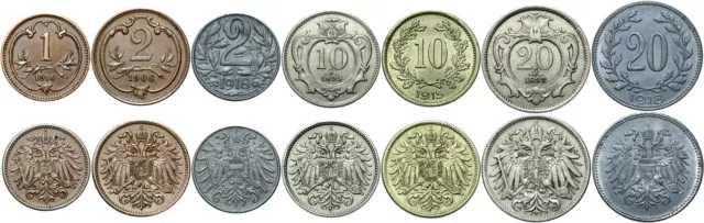 Österreich Franz Josef I - KONVOLUT 7 Münzen - 1, 2, 10, 20 Heller 1892-1918 LOT