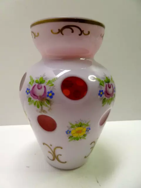 Antique Cranberry Ruby Cameo Cut Glass Cased Overlay Hand Painted Floral Vase