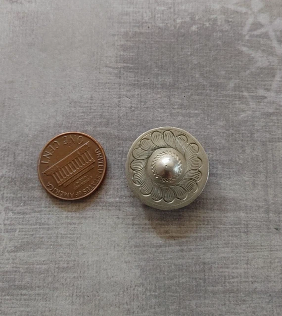Vintage silver tone metal etched repousse chased floral concho button cover