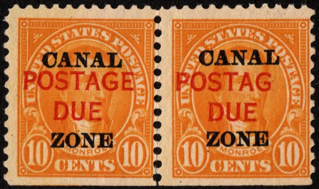 Canal Zone - 1925 - 10 Cents Orange Postage Due Missing "E" Pair # J17 J17b Mint