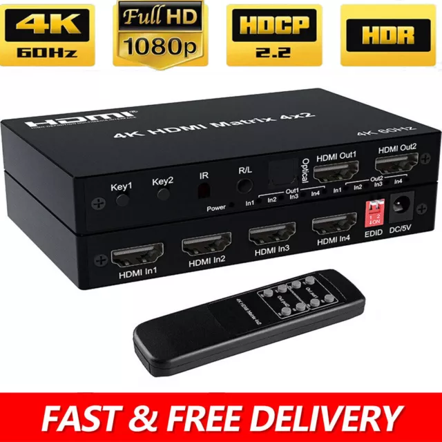 4X2 HDMI 2.0 Matrix Switch Splitter 4K 60Hz Optical Audio Extractor 4 in 2 Out