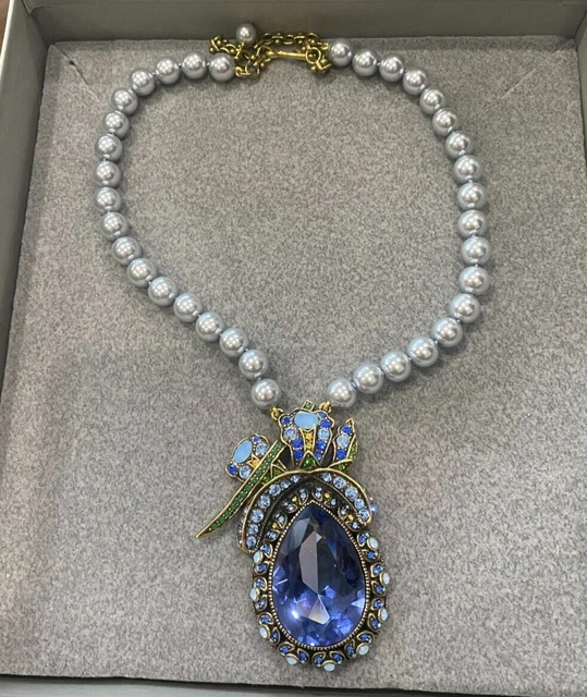 Heidi Daus Blue Faux Pearl Necklace with Blue Teardrop Crystal Pendant