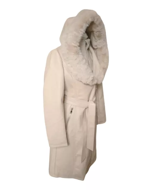 Manteau long écru taille L imitation cuir avec capuche en fourrure 2