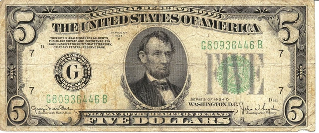 1934 D $5 Five Dollar Bill-Federal Reserve Note New York Green Seal