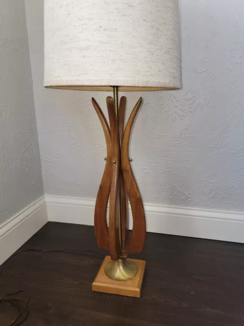 Vintage Tulip Lamp Mid Century Modern Danish Walnut Wood Brass Lg Table Bedside