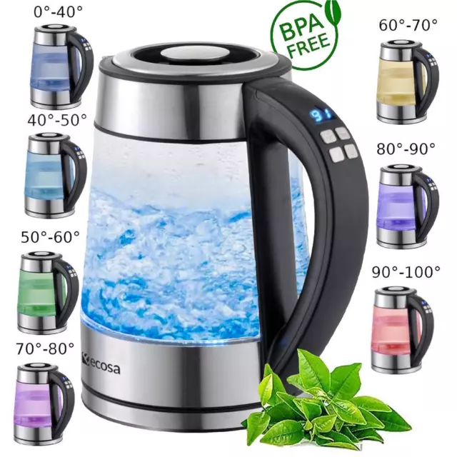 Glas Wasserkocher mit Temperaturwahl LED Beleuchtung 2.200 Watt Edelstahl