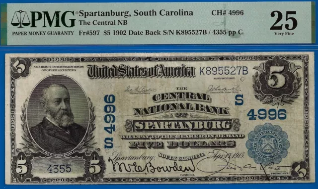1902 $5 National Bank Spartanburg, South Carolina CH# 4996 PMG 25 Top Pop 1/0 DB 3