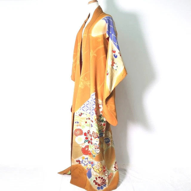 8919B4 Silk Vintage Japanese Kimono Robe Dress Chrysanthemum Peony Rinzu