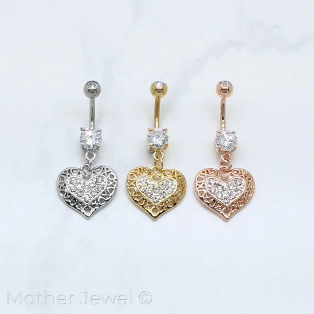 Simulated Diamond Love Heart Dangle Belly Navel Yellow Rose Gold Silver Ip Ring