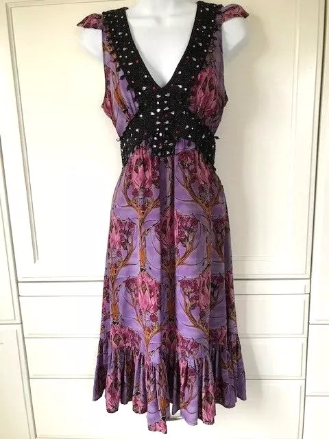 Plenty By Tracy Reese Dress Sz 2 Elaborately Beaded Art Nouveau Print Silk