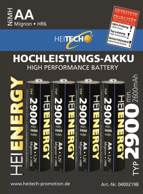 4 x HEITECH NiMH Akku Mignon AA HR6 Typ 2900 min. 2600 mAh 1 x 4er Blister