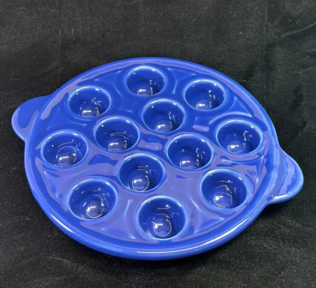 Emile Henry France Ceramic Snail Escargot Dish 12 Hole Quail Egg Royal Blue 8"