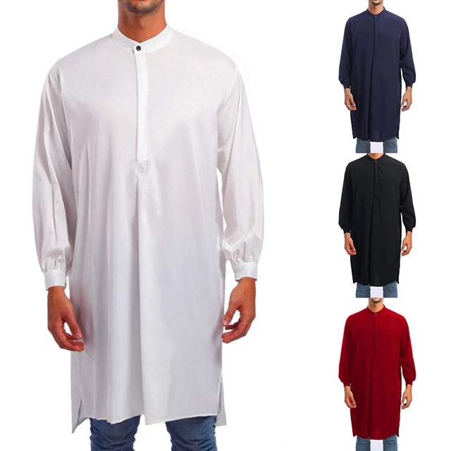 Abbigliamento musulmano uomo a maniche lunghe abito arabo in tinta unita per un look elegante