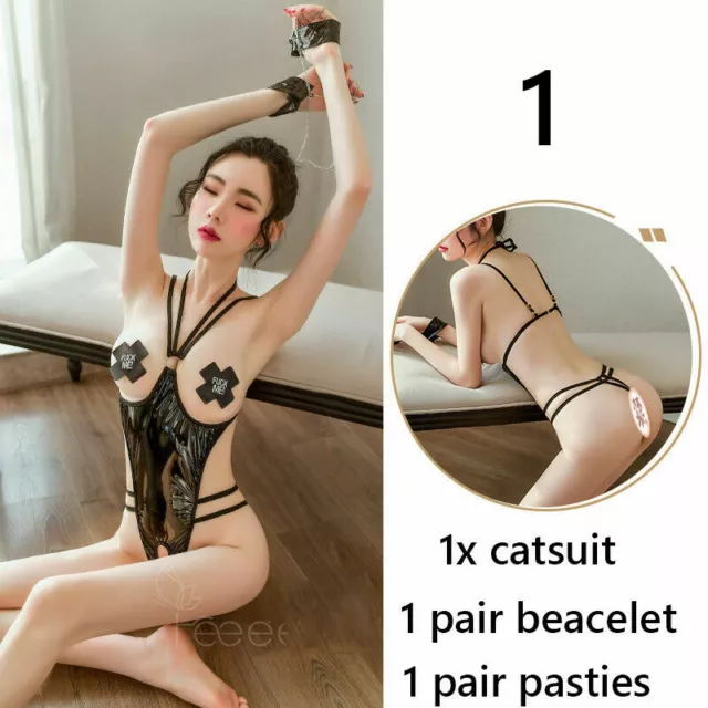 Tuta donna in lattice pelle catsuit nera erotica lingerie sexy nuova 2