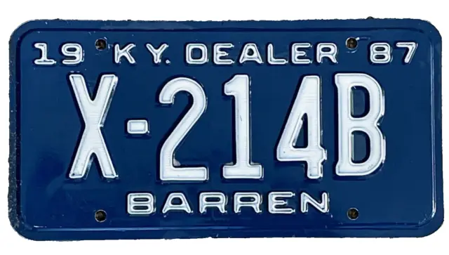 1987 KENTUCKY License Plate BARREN Co. KY Expired Auto Dealer Metal Vehicle Tag