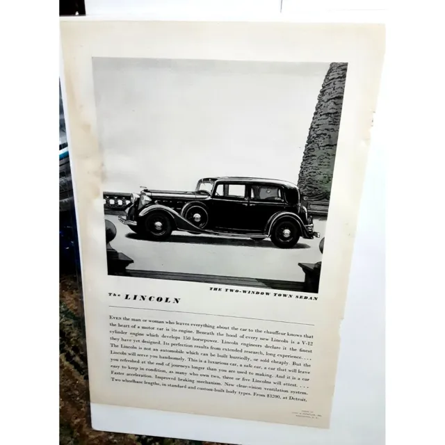1934 Lincoln Two Window Town Sedan Print Ad vintage 30s