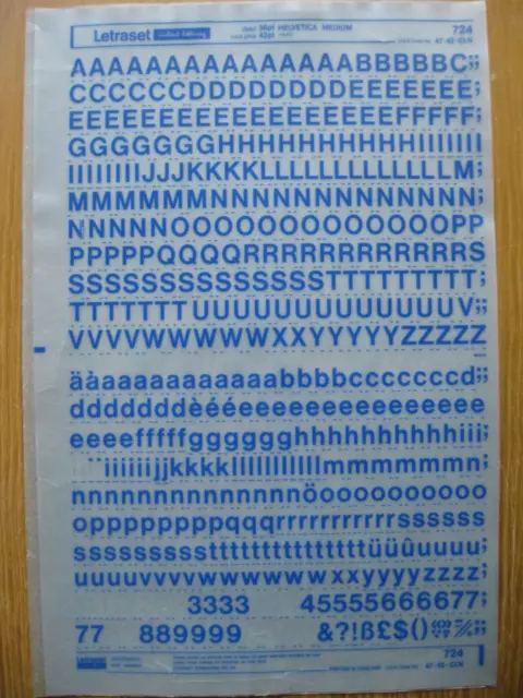 1 x Letraset Upp/Low/Num (BLUE) HELVETICA MEDIUM 36pt 10.0mm Sheet 724    b(bb)